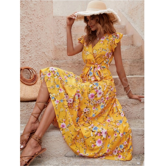 Floral Dress Surplice Overlapping V Neck Fit & Flare Maxi Long Yellow Tie Belt - Picture 1 of 8